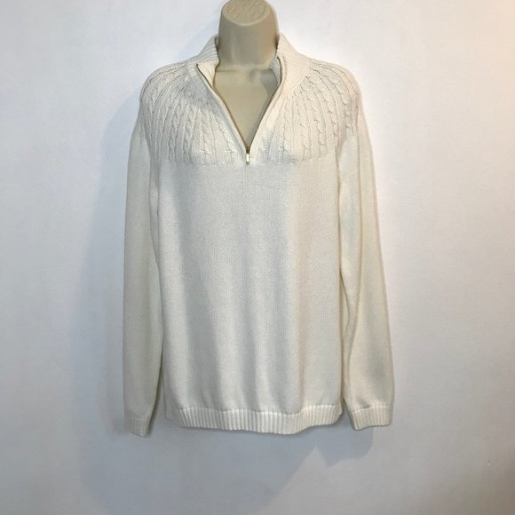 NWT Lands' End Drifter Sweater LP Petite Large 14-16 Cotton Knit White 1/4 Zip